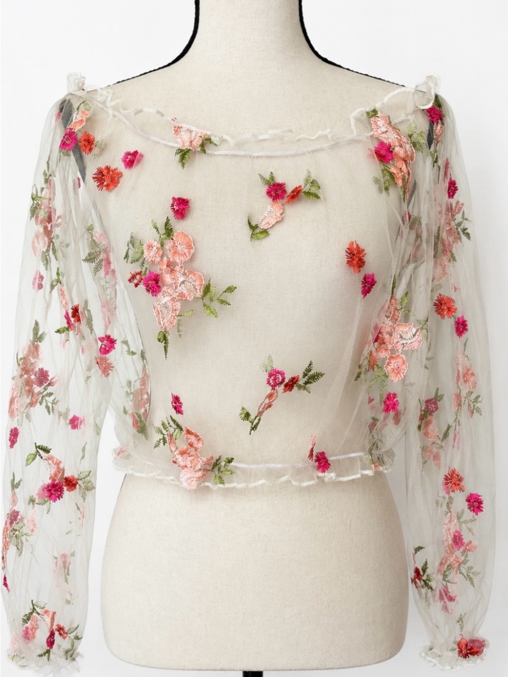 Floral Embroidered Sheer Mesh Off-Shoulder Crop Top Fairycore Cottagecore XL